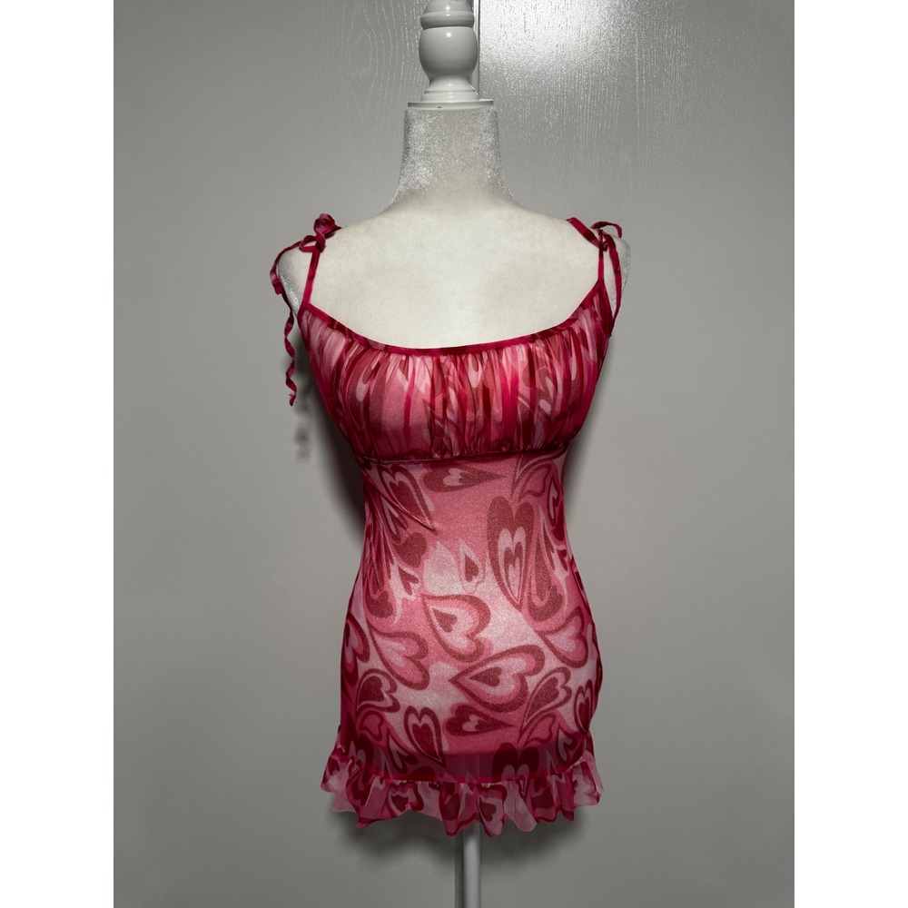 Pink Heart Print Mesh Chemise Nightgown Sheer Ruffle Hem Tie Strap Lingerie